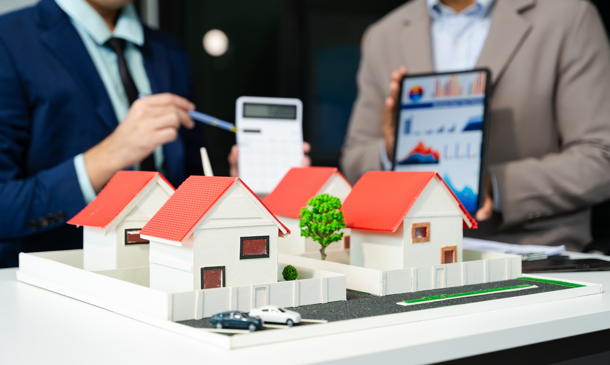 balancing the property sector The real estate agent is explaining the house style to see the house