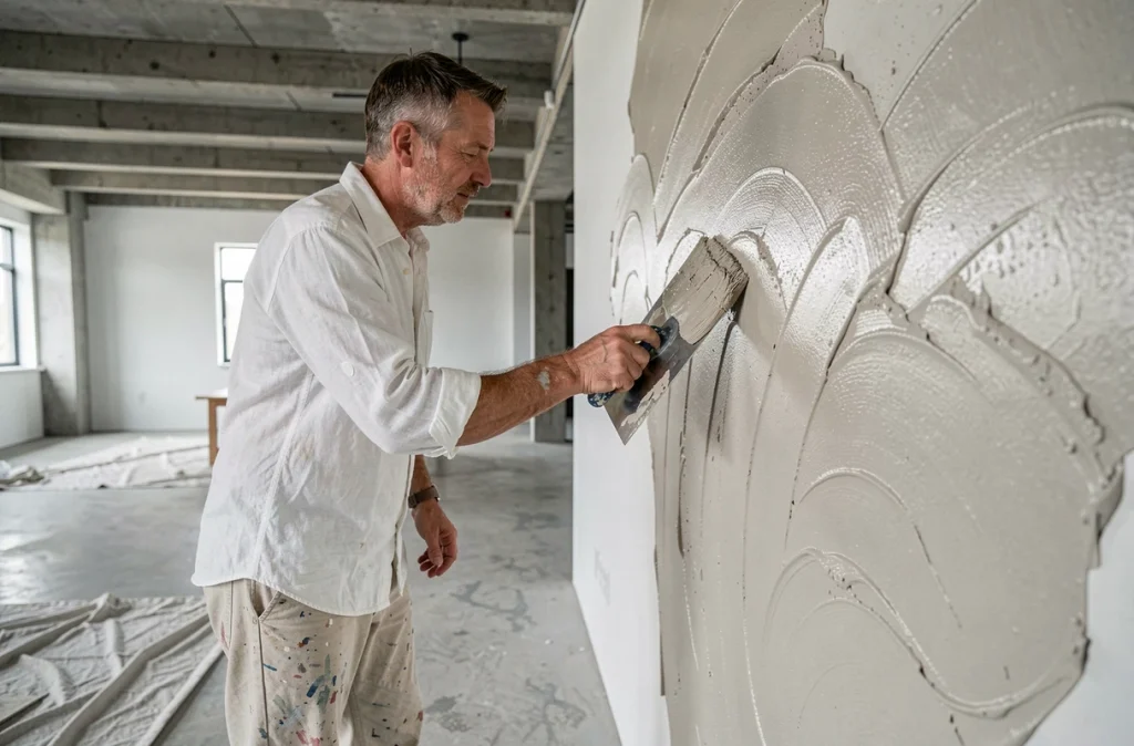 Artisan peintre appliquant une peinture luxe à effet minéral avec une spatule large sur un mur de loft rénovéau style industriel