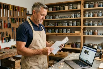 Artisan menuisier en atelier consultant des avis clients imprimés, comparant bouche-à-oreille et plateformes en ligne pour ses travaux