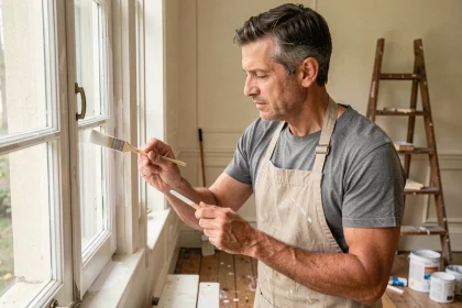 Artisan appliquant une peinture blanche mate sur une boiserie de fenêtre en bois avec un pinceau plat, dans un intérieur de style français