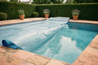 Bâche à bulles bleue semi-déroulée sur une piscine résidentielle dans un jardin français, révélant une eau turquoise calme et préservée