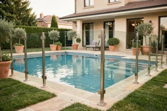 Barrière de piscine homologuée en verre trempé avec poteaux en inox autour d'une piscine résidentielle moderne