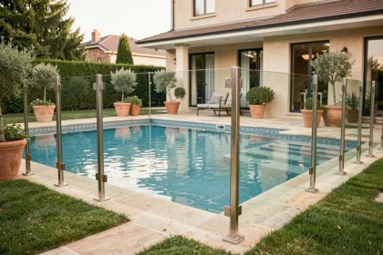 Barrière de piscine homologuée en verre trempé avec poteaux en inox autour d'une piscine résidentielle moderne