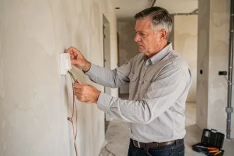 Électricien amateur branchant un bouton poussoir Legrand blanc sur un mur en plâtre dans un couloir en rénovation
