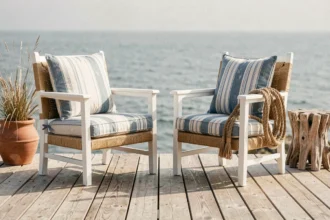 Chaises paillées relookées en blanc mat sur une terrasse en bois avec vue sur la mer et coussins rayés bleu et blanc style bord de mer
