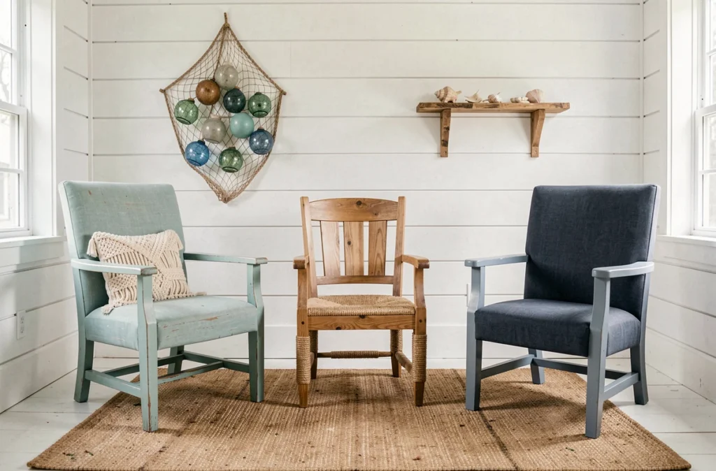 Trois chaises paillées relookées style bord de mer dans un intérieur cottage blanc avec décorations marines et tapis sisal