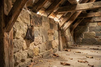Chauve-souris accrochée à un mur en pierre d'un vieux grenier, symbole de présence animale dans une maison ancienne