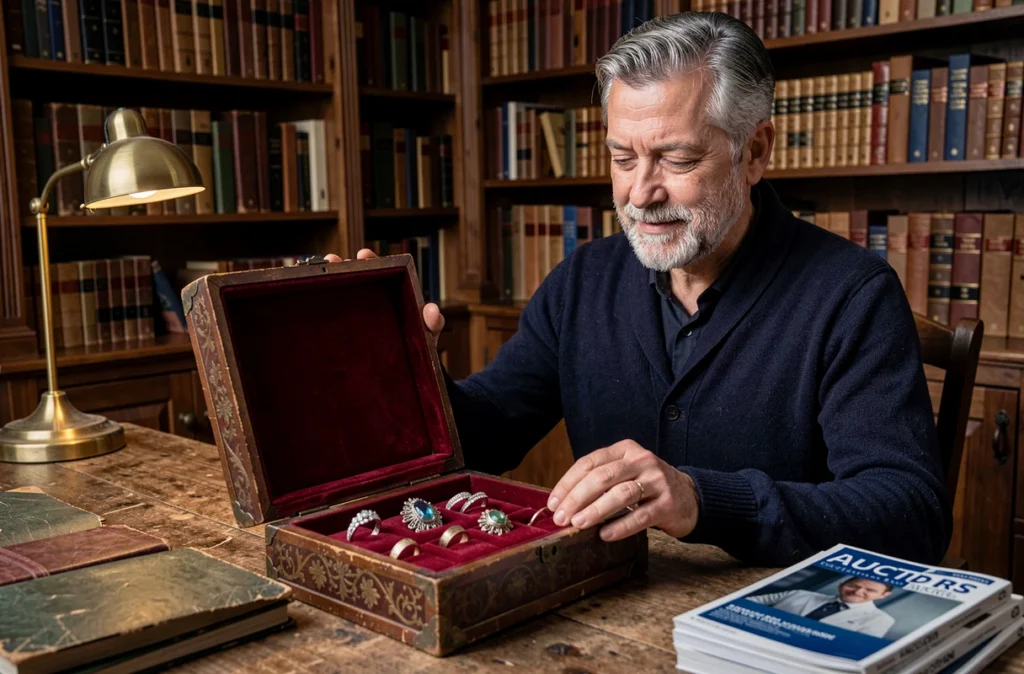 Collectionneur ouvrant une boîte à bijoux vintage avec intérieur en velours rouge révélant des bijoux anciens, conseils pour bien choisir une boîte bijoux de collection