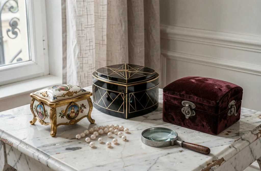 Collection de trois boîtes à bijoux vintage aux styles différents sur marbre, comparatif pour choisir la meilleure boîte bijoux ancienne
