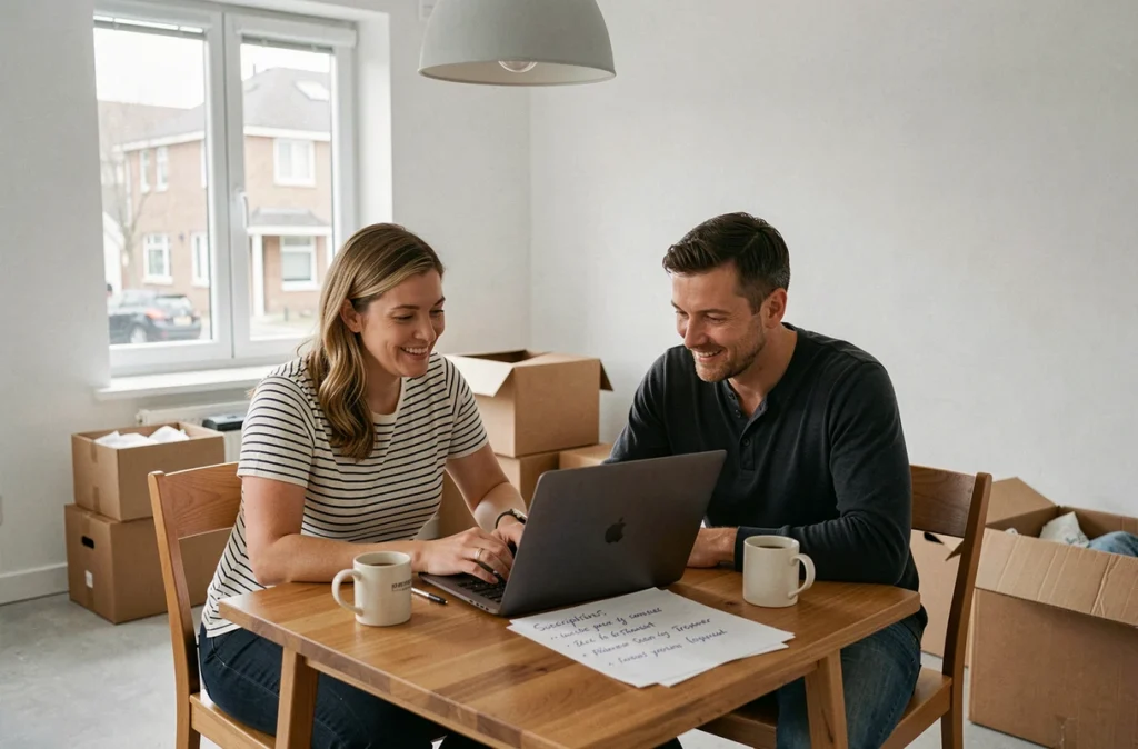 Couple consultant une liste d'abonnements à transférer sur ordinateur portable dans un appartement nouvellement emménagé