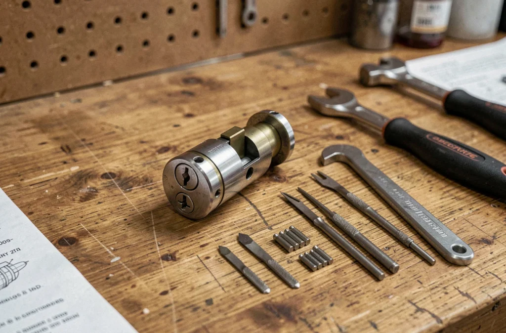 Cylindre de serrure démonté sur un établi de serrurier avec des outils professionnels pour remplacement de clé