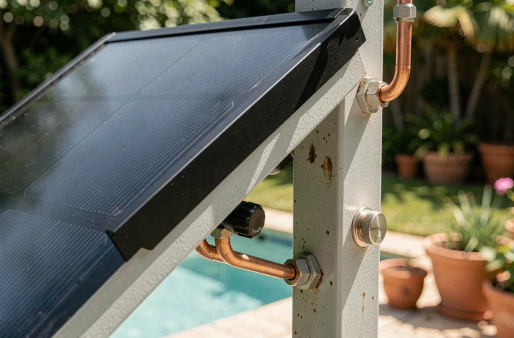 Détail du panneau solaire et du réservoir d'une douche solaire extérieure pour piscine