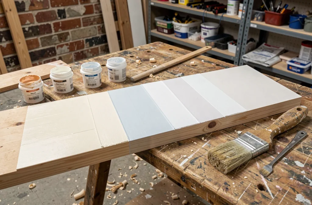 Échantillons de peinture blanche pour boiseries comparés sur un panneau en bois brut dans un atelier de bricolage