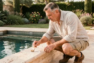 Homme appliquant un produit d'étanchéité sur les margelles en travertin d'une piscine résidentielle