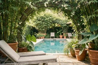 Espace piscine ombragé par des bambous et des plantes tropicales avec salon de jardin en bois