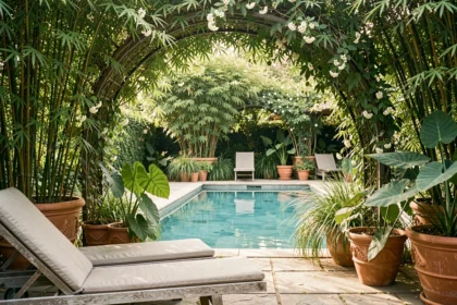 Espace piscine ombragé par des bambous et des plantes tropicales avec salon de jardin en bois
