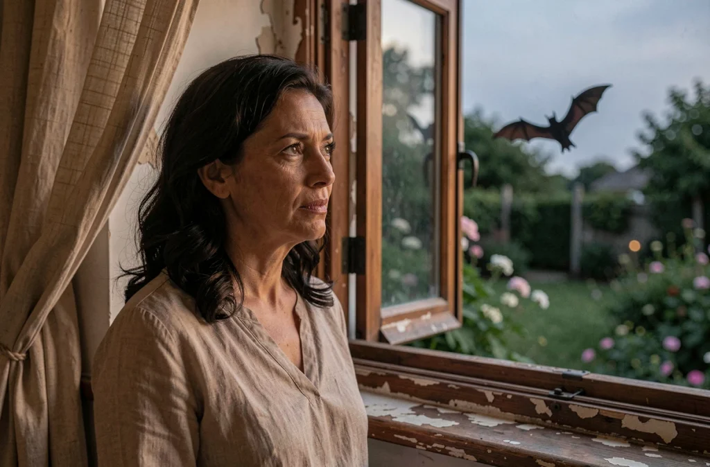Femme regardant par une fenêtre une chauve-souris voler au crépuscule, réflexion sur les croyances et superstitions autour des chauves-souris