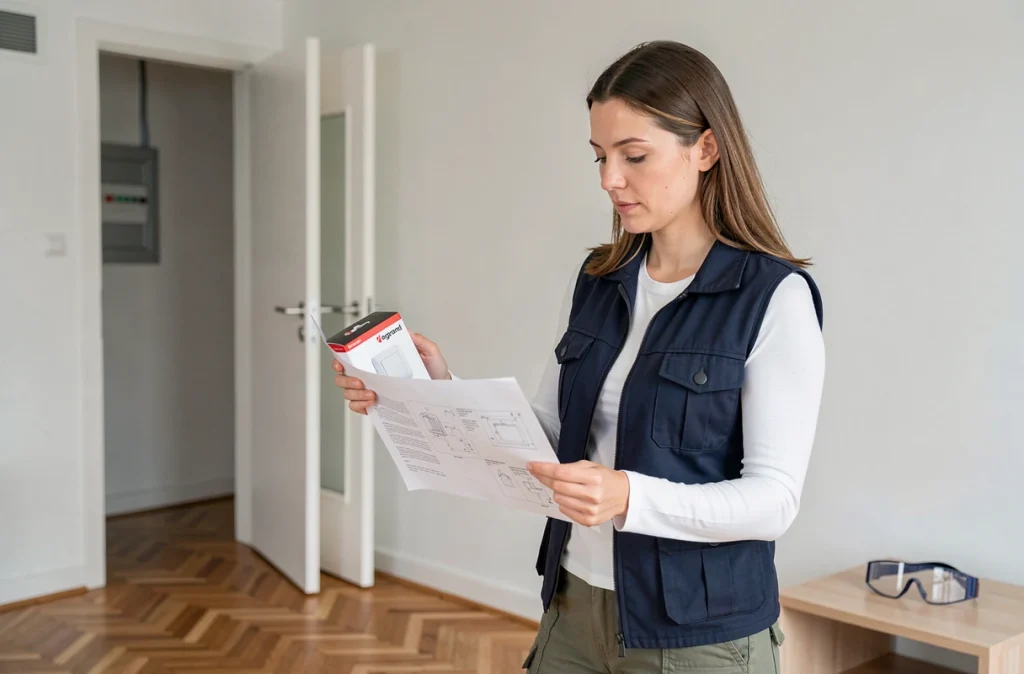 Femme consultant la notice d'installation d'un bouton poussoir Legrand avant de réaliser le branchement électrique chez elle