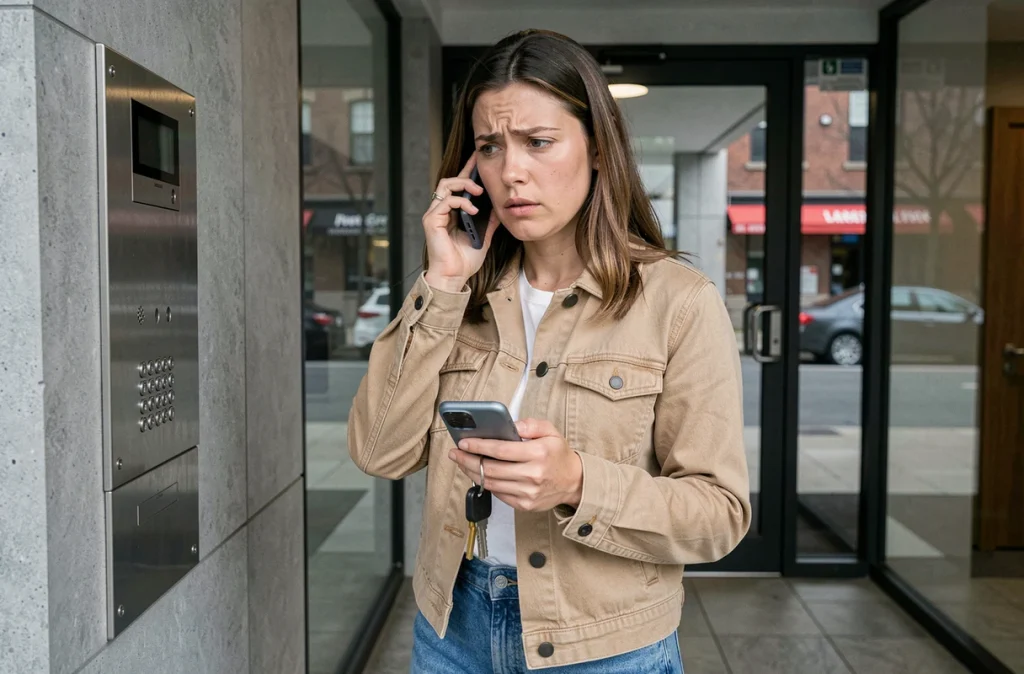 Femme inquiète bloquée devant son appartement appelant un serrurier après avoir perdu ses clés
