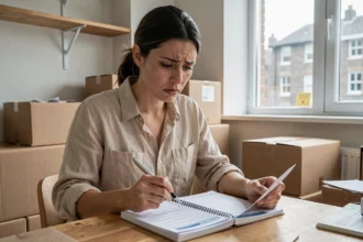 Femme organisant ses abonnements et factures lors d'un déménagement, assise à une table entourée de cartons