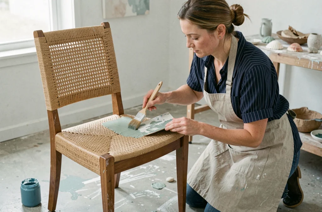 Femme en tablier appliquant de la peinture craie verte sur une chaise paillée dans un atelier DIY style côtier