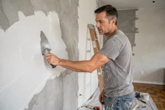 Artisan amateur appliquant un enduit de finition sur un mur intérieur avec une spatule, dans un chantier de rénovation DIY