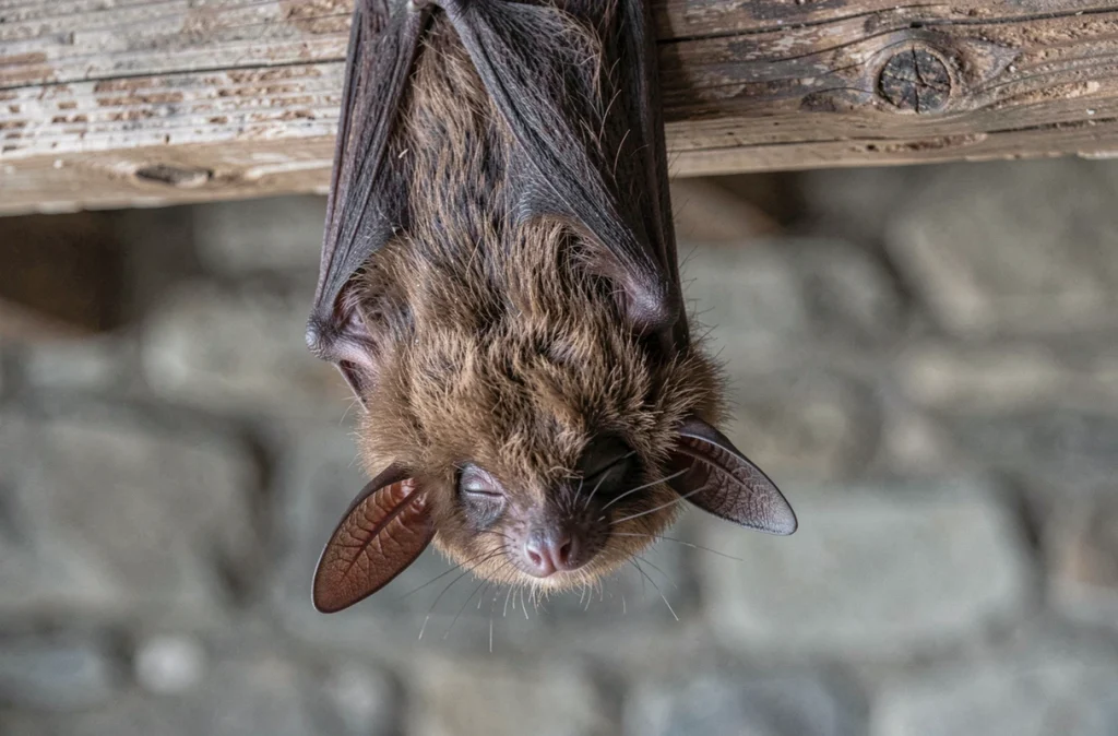 Gros plan d'une chauve-souris brune suspendue à une poutre en bois, détail de la fourrure et des oreilles d'un chiroptère en milieu naturel bâti