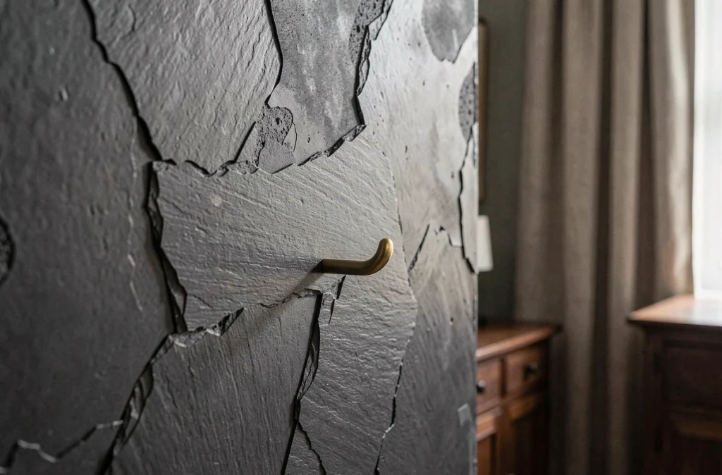 Gros plan sur une peinture effet minéral gris anthracite texturé imitant l'ardoise avec crochet en laiton sur mur intérieur haut de gamme