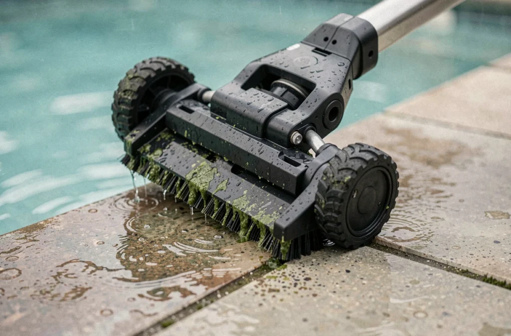 Gros plan d'un robot nettoyeur de piscine sorti de l'eau posé sur le bord du bassin avec résidus de nettoyage visibles