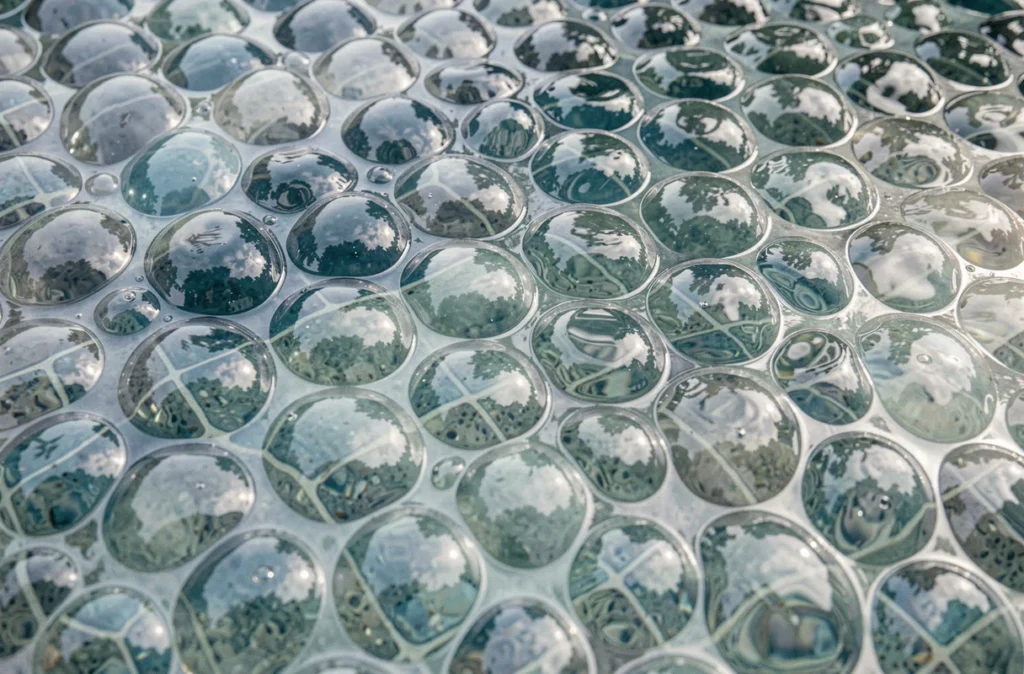 Vue rapprochée des bulles d'une bâche solaire posée sur l'eau d'une piscine, avec des reflets d'arbres et des gouttes d'eau sur la surface