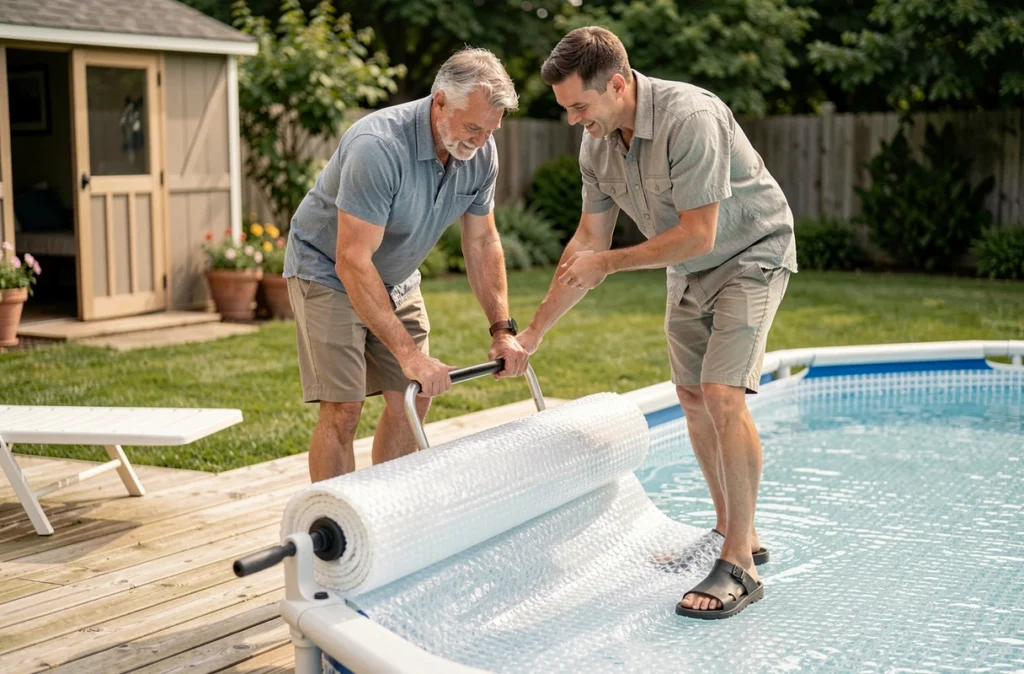 Homme utilisant un enrouleur pour déployer une bâche à bulles sur une piscine hors-sol dans un jardin familial