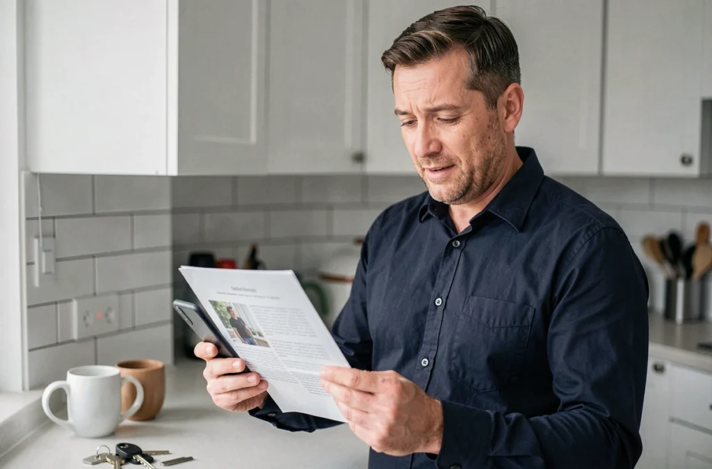 Homme tenant un justificatif de domicile imprimé obtenu rapidement en ligne via son smartphone dans sa cuisine