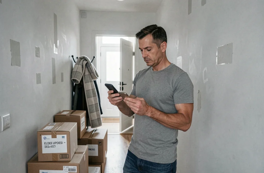 Homme mettant à jour ses abonnements en ligne sur smartphone dans un couloir encombré de cartons de déménagement