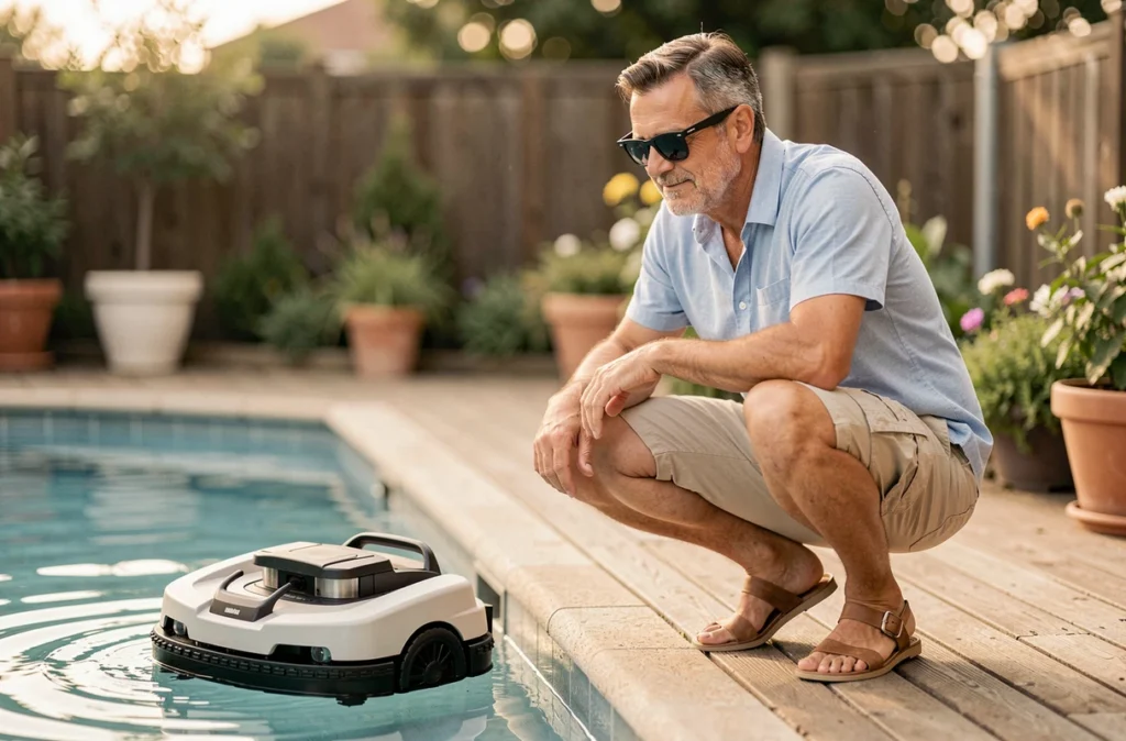 Homme observant un robot nettoyeur automatique fonctionner dans sa piscine de jardin par une journée ensoleillée