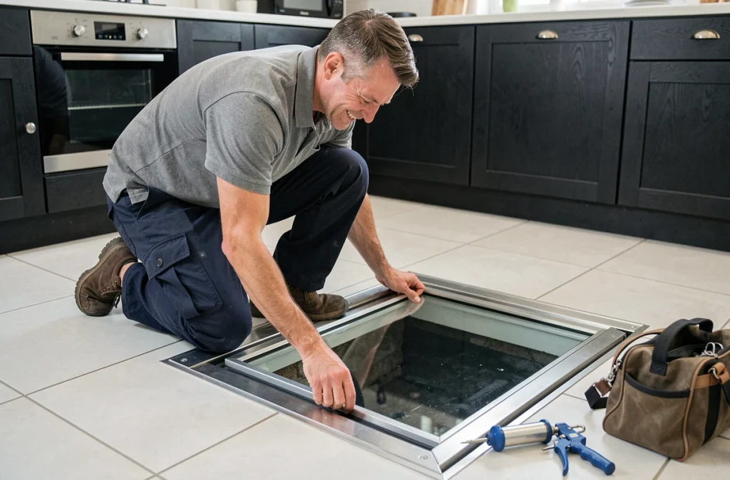 Installateur professionnel en train de vérifier le joint d'étanchéité d'une trappe en verre pour cave dans un sol carrelé de cuisine avec cadre métallique et espace de rangement visible en dessous