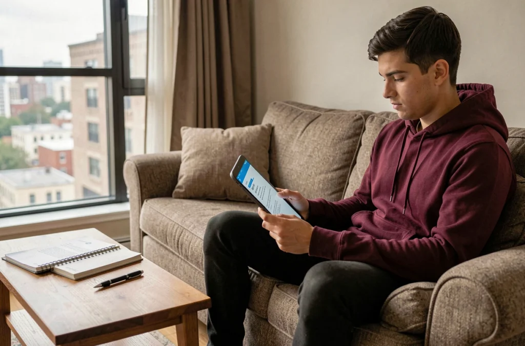 Jeune adulte consultant un justificatif de domicile en PDF sur une tablette numérique dans son salon