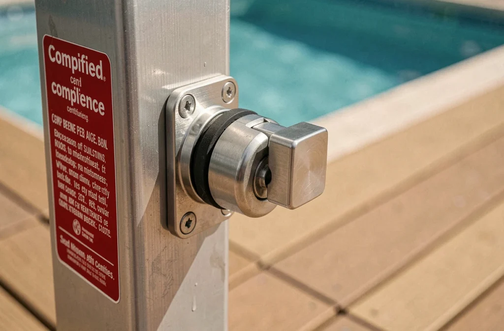 Détail du loquet de portillon de barrière de piscine homologuée en acier inoxydable brossé avec étiquette de conformité