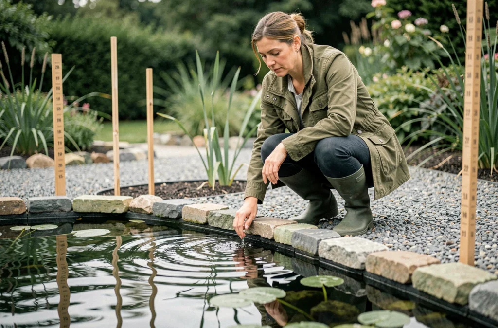 Femme accroupie au bord d'un bassin de jardin lors de la première mise en eau, observant attentivement le niveau de l'eau