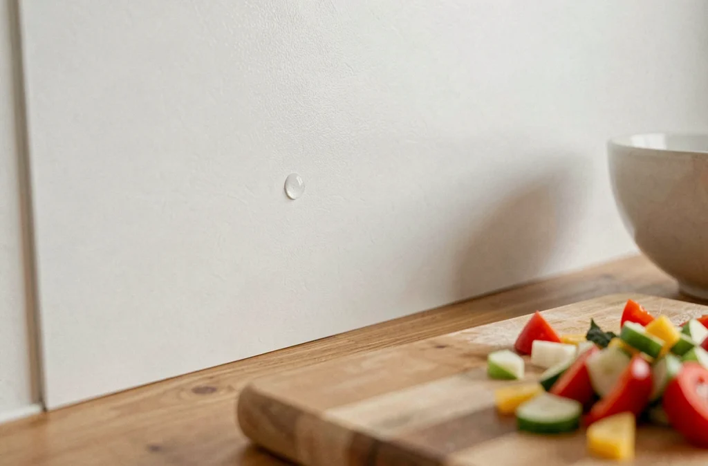 Gros plan sur papier peint blanc anti-taches en cuisine avec goutte d'eau sur la surface vinyle