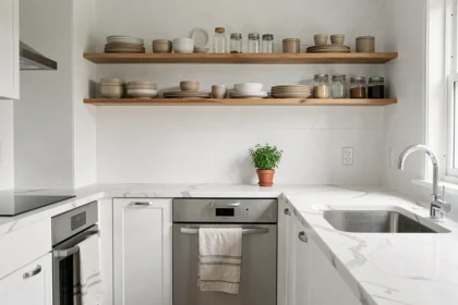 Cuisine moderne avec papier peint blanc géométrique mat et étagères en bois ouvertes