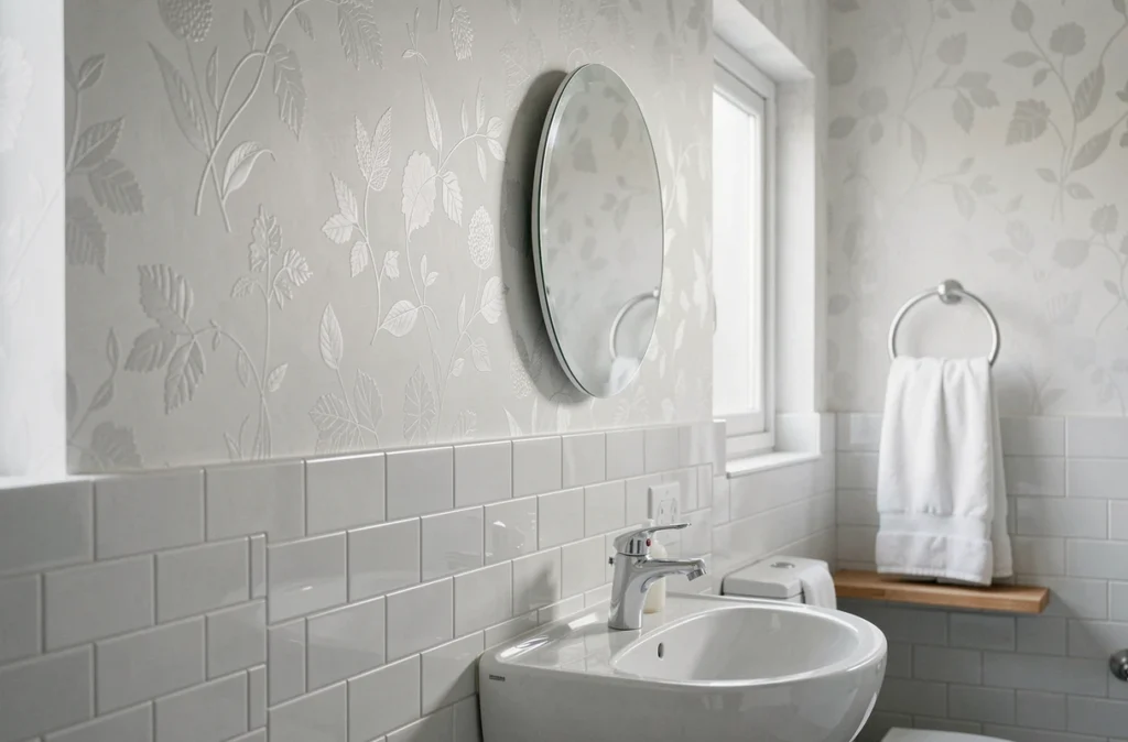 Salle de bain avec papier peint blanc lavable à motif floral au-dessus de carrelage métro