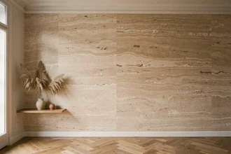 Mur intérieur recouvert d'une peinture effet minéral travertin avec étagère en bois et vase céramique dans un appartement parisien minimaliste
