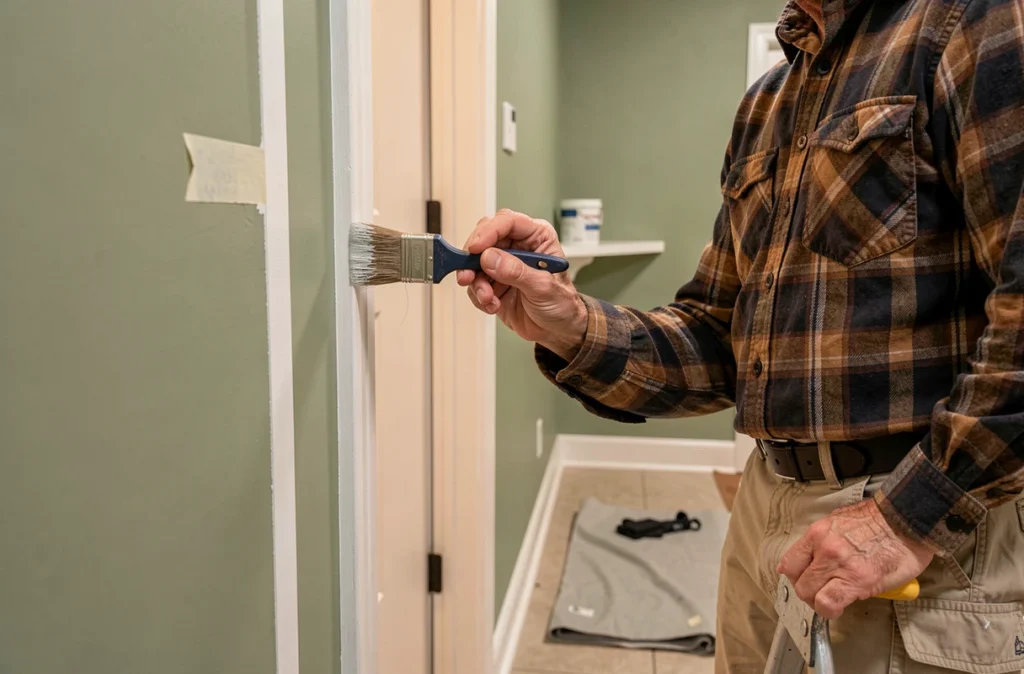 Homme peignant avec soin un encadrement de porte en bois blanc dans un couloir rénové, finition peinture DIY