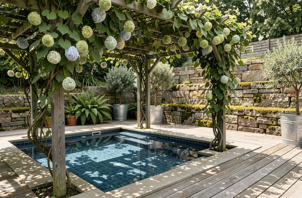 Pergola couverte de vignes et d'hortensias grimpants apportant de l'ombre à une petite piscine de cour intérieure