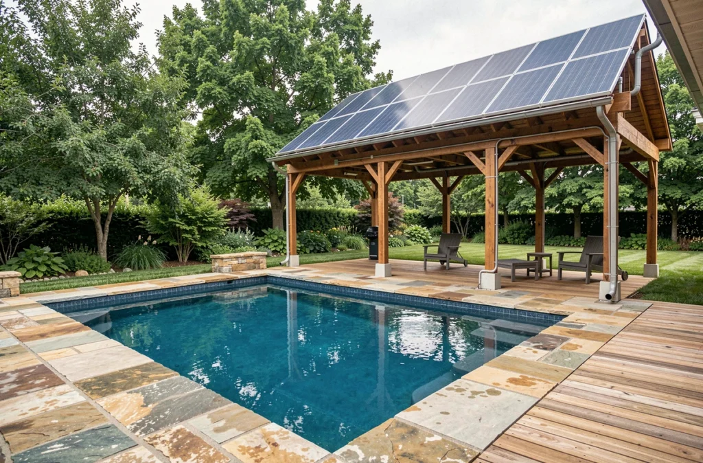 Vue grand angle d'une piscine extérieure résidentielle avec panneaux solaires thermiques pour le chauffage de l'eau