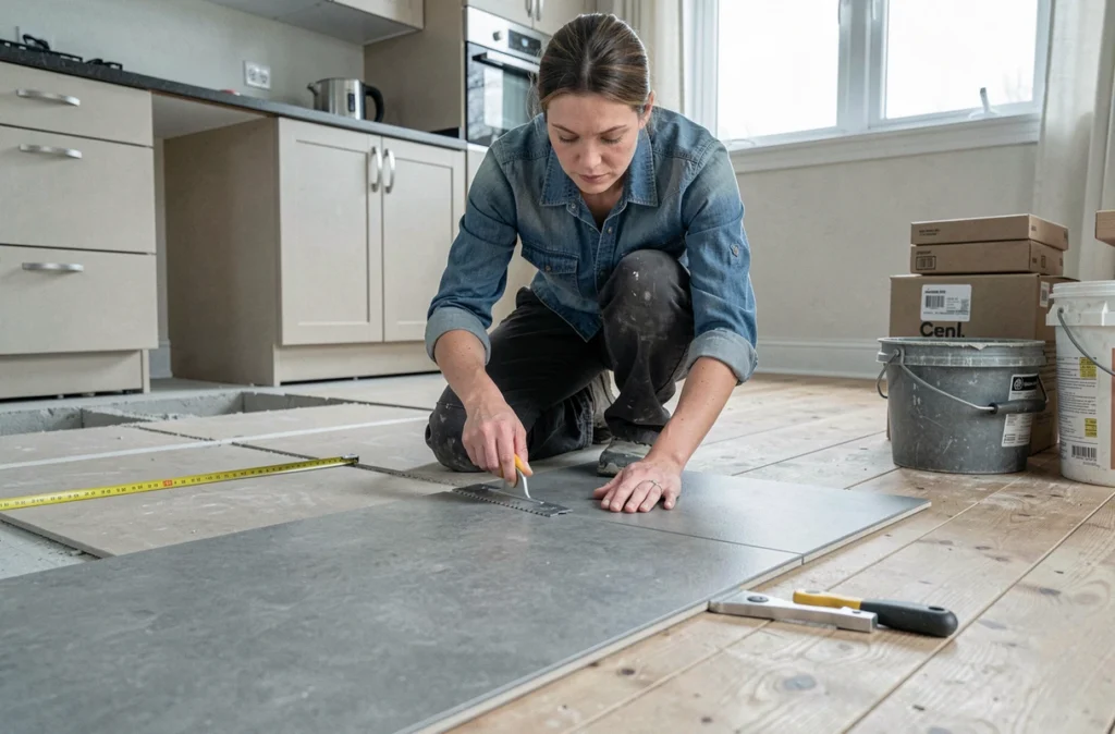 Femme posant des carreaux de carrelage gris dans une cuisine en cours de rénovation, avec outils de pose au sol