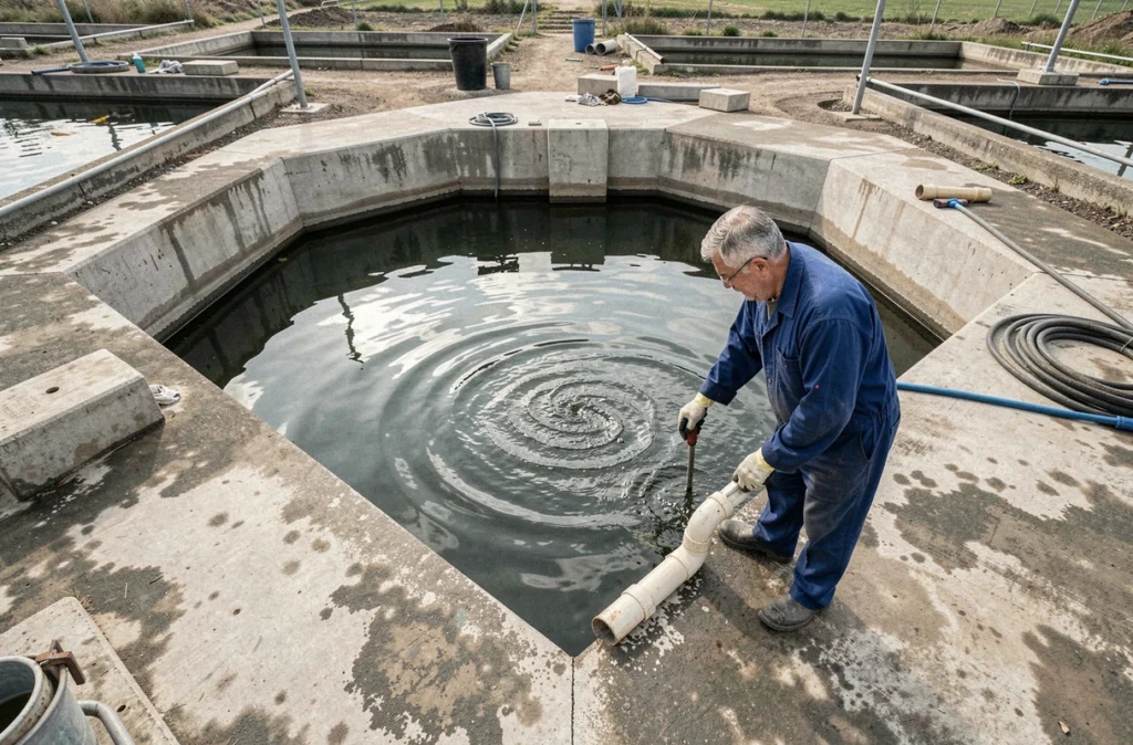 Vue en plongée d'un bassin piscicole en béton lors de sa première mise en eau sur une petite exploitation aquacole