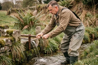 Homme en waders ouvrant une vanne d'irrigation lors d'une première mise en eau d'un canal en pierre à la campagne