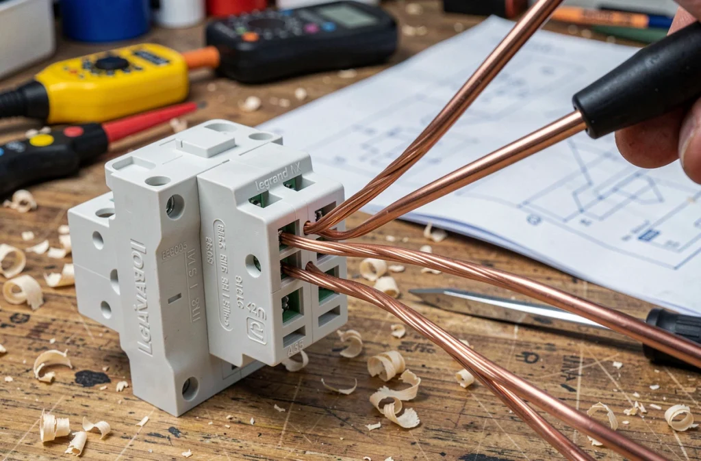 Gros plan sur le raccordement des fils électriques dans les bornes d'un bouton poussoir Legrand avec tournevis et schéma de câblage