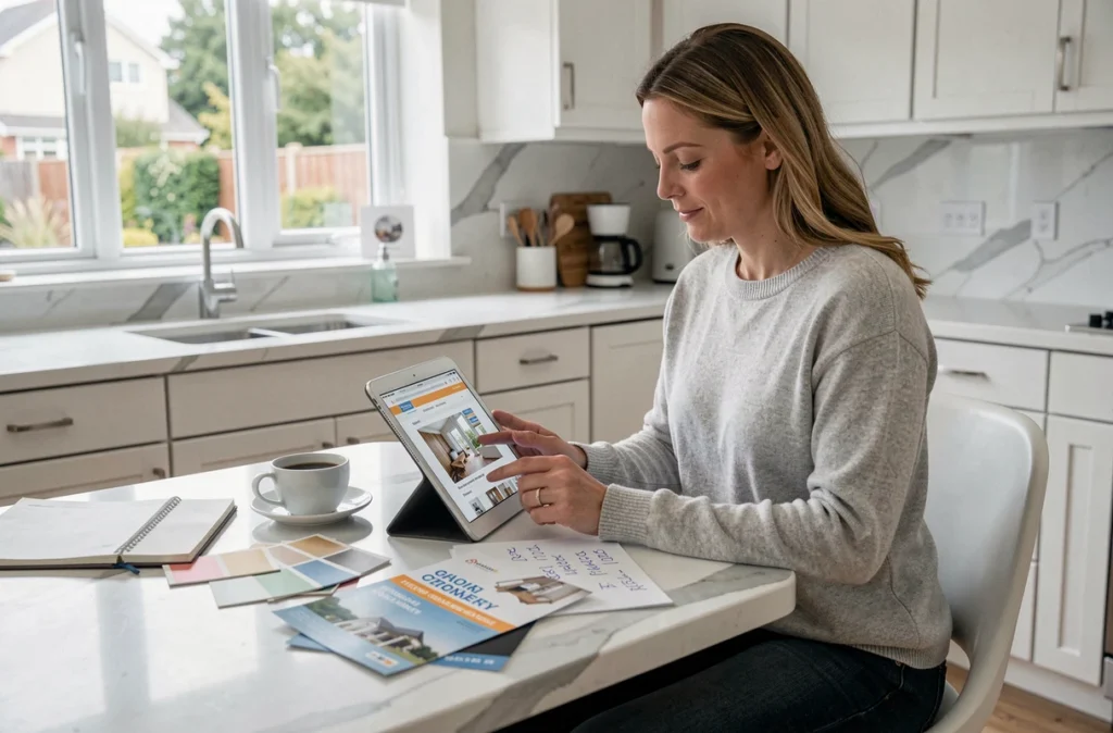 Femme recherchant un artisan sur internet depuis sa cuisine, comparant annuaires en ligne et recommandations de proches pour des travaux